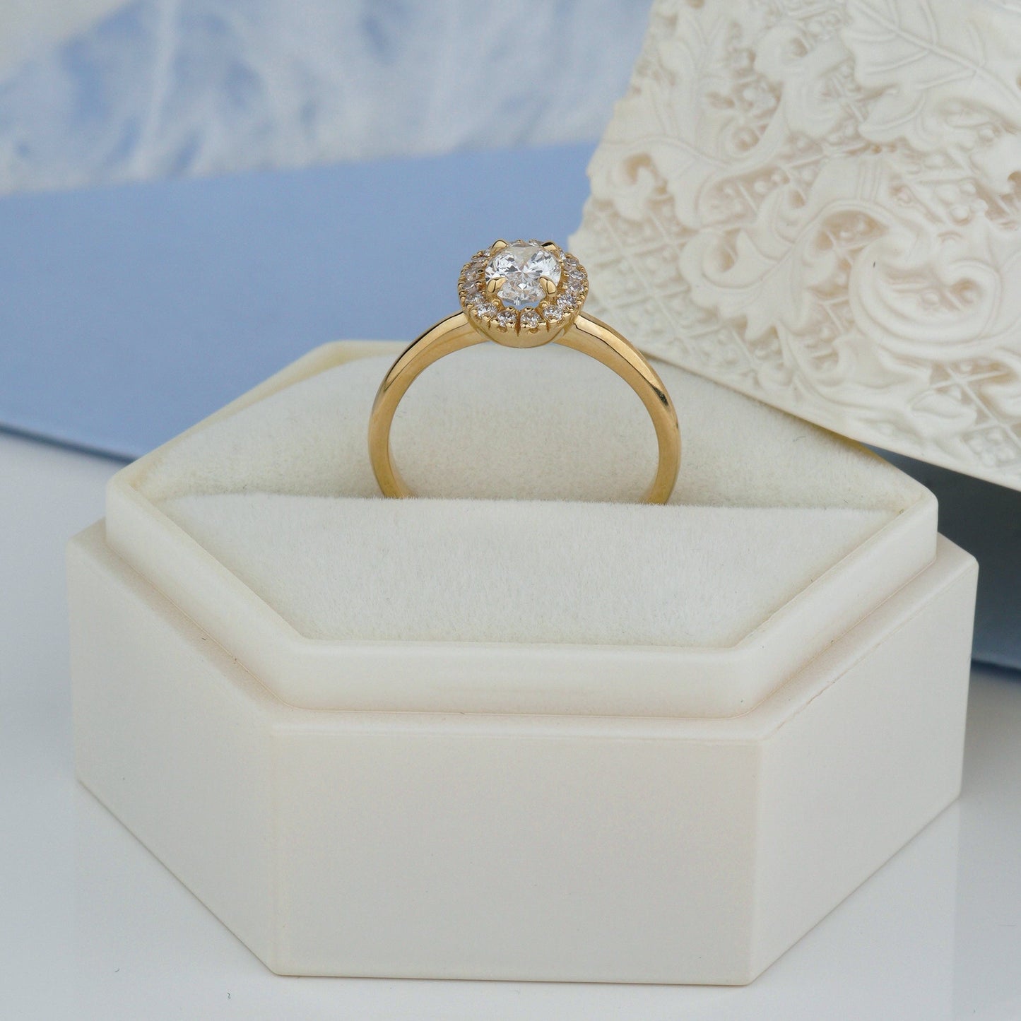 gold engagement ring with  oval diamond- ring wrapped in a soft halo of pavé diamonds-14k solid gold