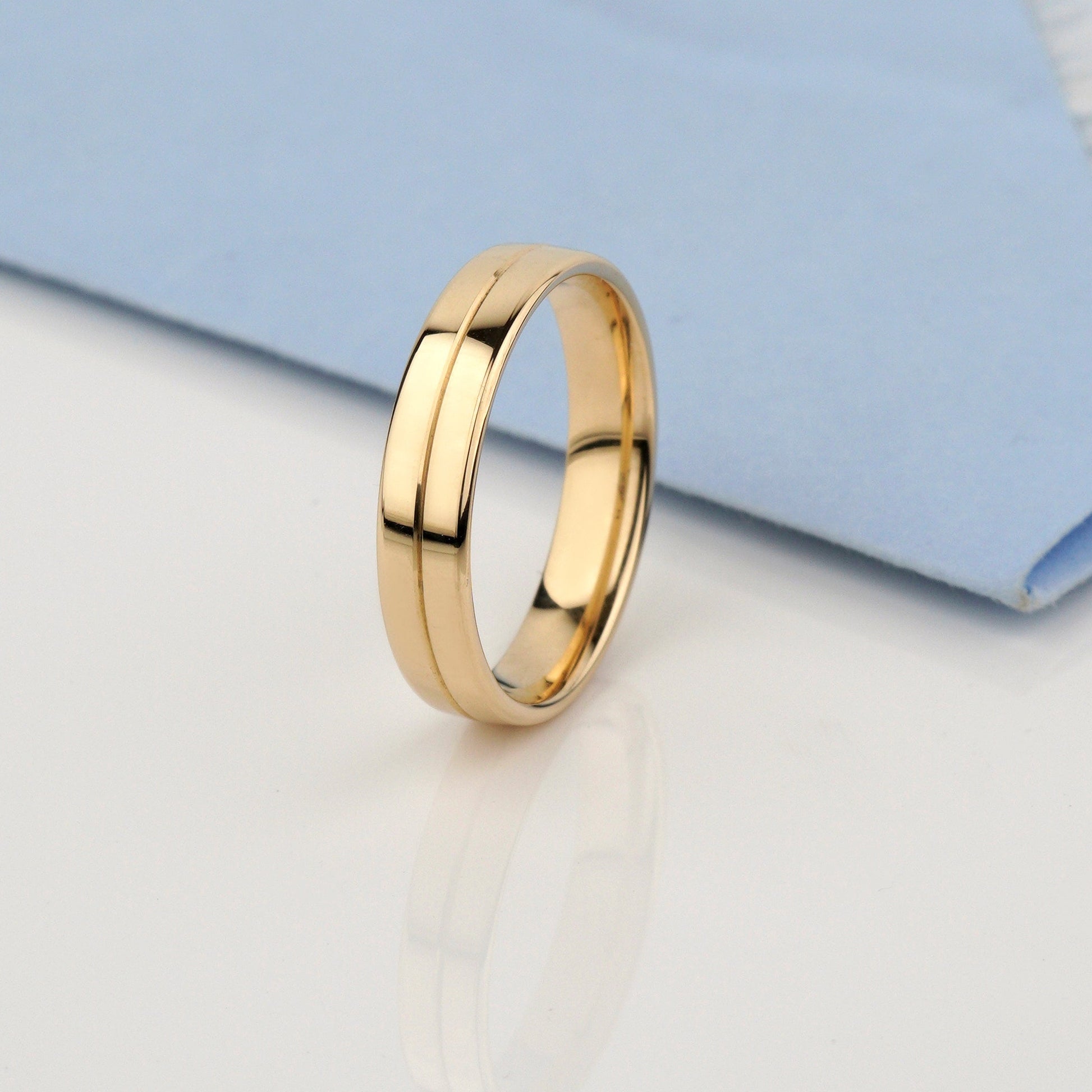 solid gold wedding bands set-  comfort fit profile- unique design