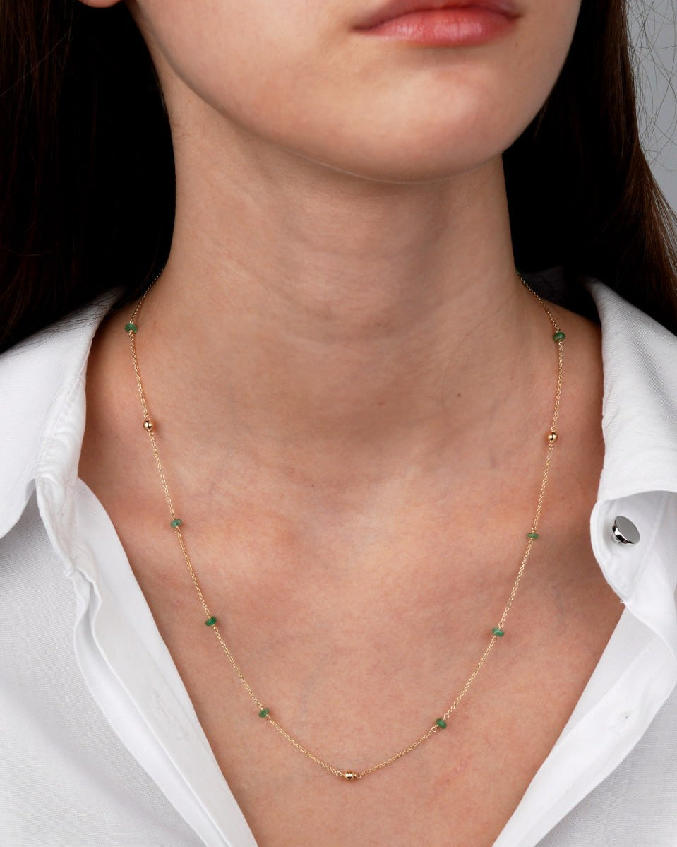 emerald necklace-gold bead necklace-14k gold necklace-natural emerald jewelry-Weight: 2.1–2.2 g-Clasp: Spring ring
