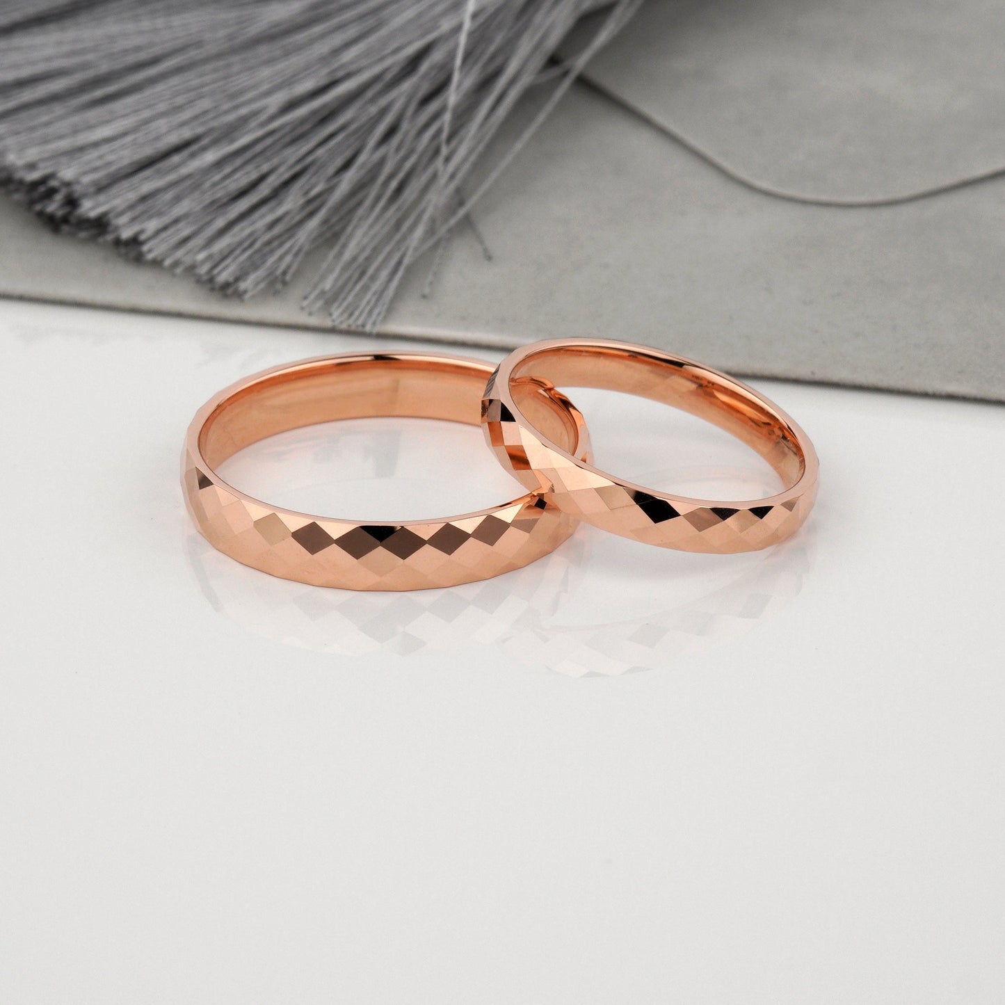 matching faceted 14k solid gold wedding rings - diamond cut matching bands