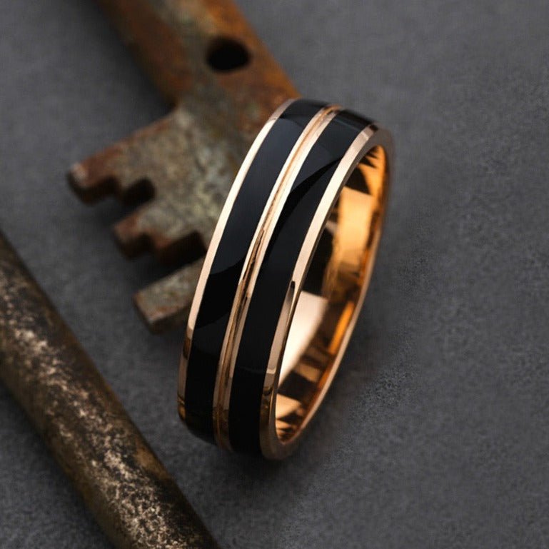 Men's wedding ring with black enamel - 14k gold band - black and gold ring - black enamel band - escorialjewelry