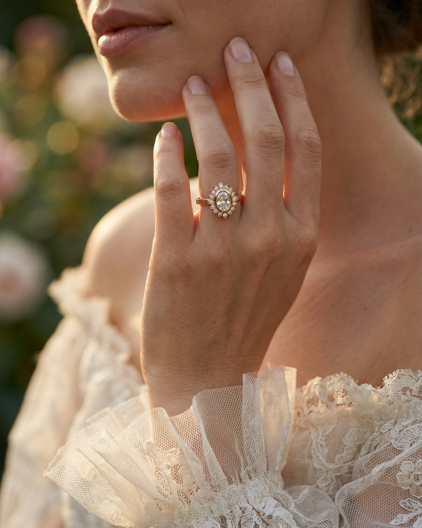 Close-up of a hand wearing a diamond ring -delicate halo of shimmering accent diamonds