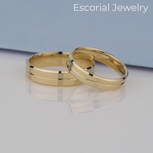  14k Solid Gold Wedding Band Set - Minimalist Wedding Band Set-  modern aesthetic