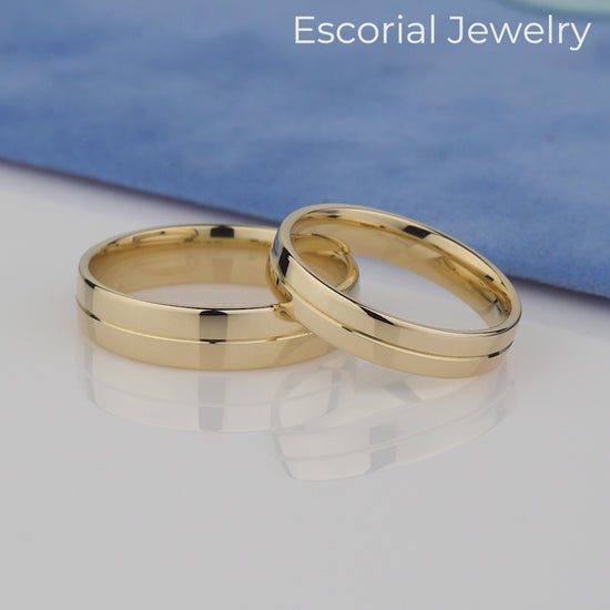 14k Solid Gold Wedding Band Set- sleek, flat profile with a subtle center