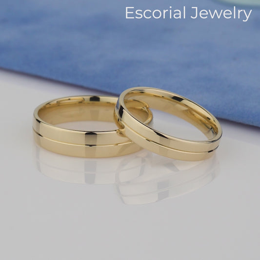14k Solid Gold Wedding Band Set- sleek, flat profile with a subtle center