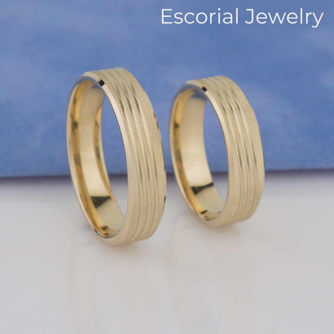 Matte Wedding Rings with Wave Pattern-Minimalist Matte Wedding Rings for Couples