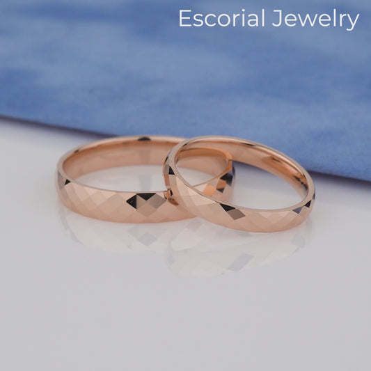 unique rose gold matching faceted wedding rings