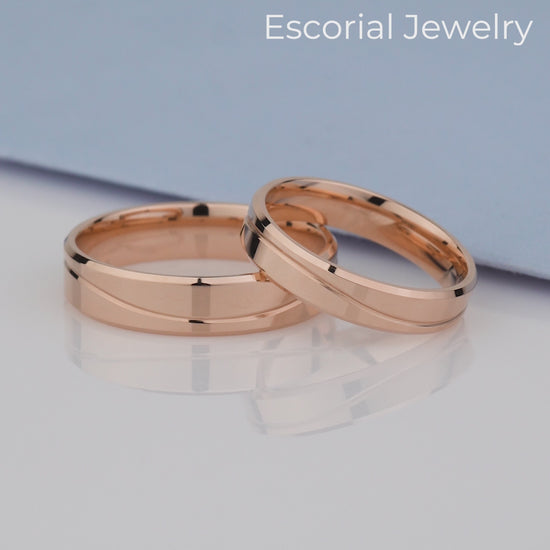 minimalistic unique rose gold wedding rings set-  thickness 1.3 mm - lean polished finish