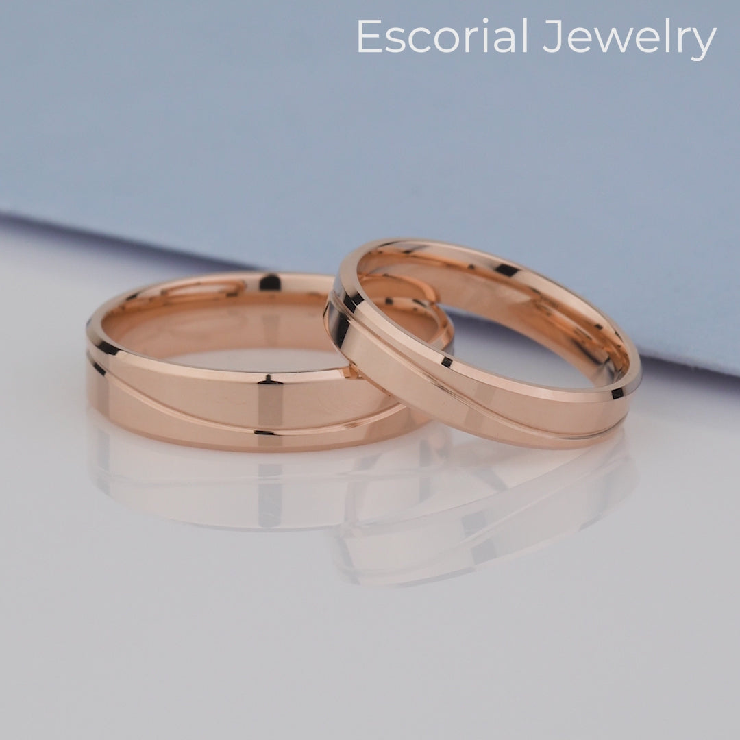 minimalistic unique rose gold wedding rings set-  thickness 1.3 mm - lean polished finish