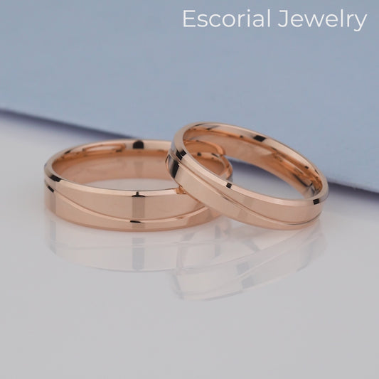 minimalistic unique rose gold wedding rings set-  thickness 1.3 mm - lean polished finish