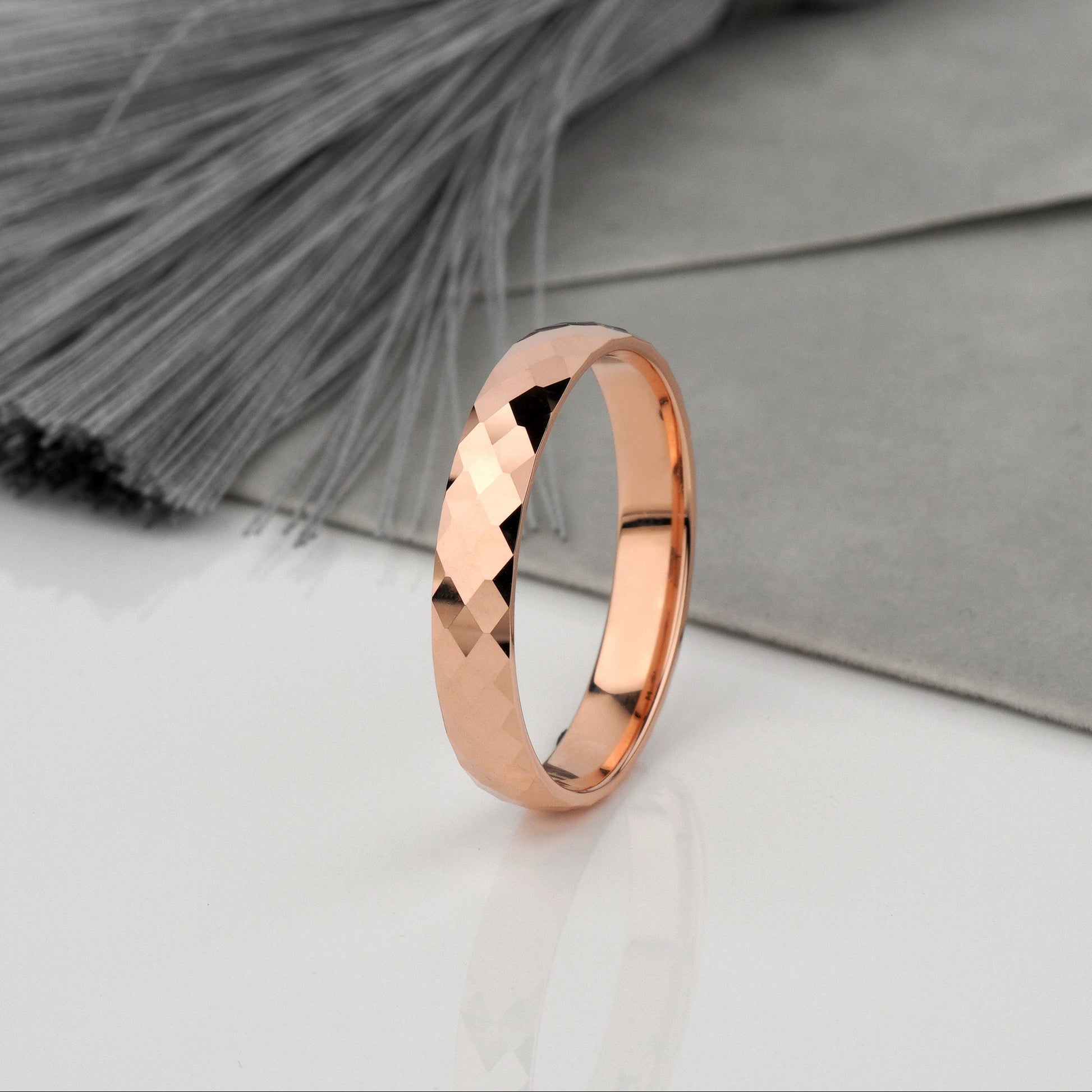 unique couple wedding rings set - faceted texture with comfort fit interior