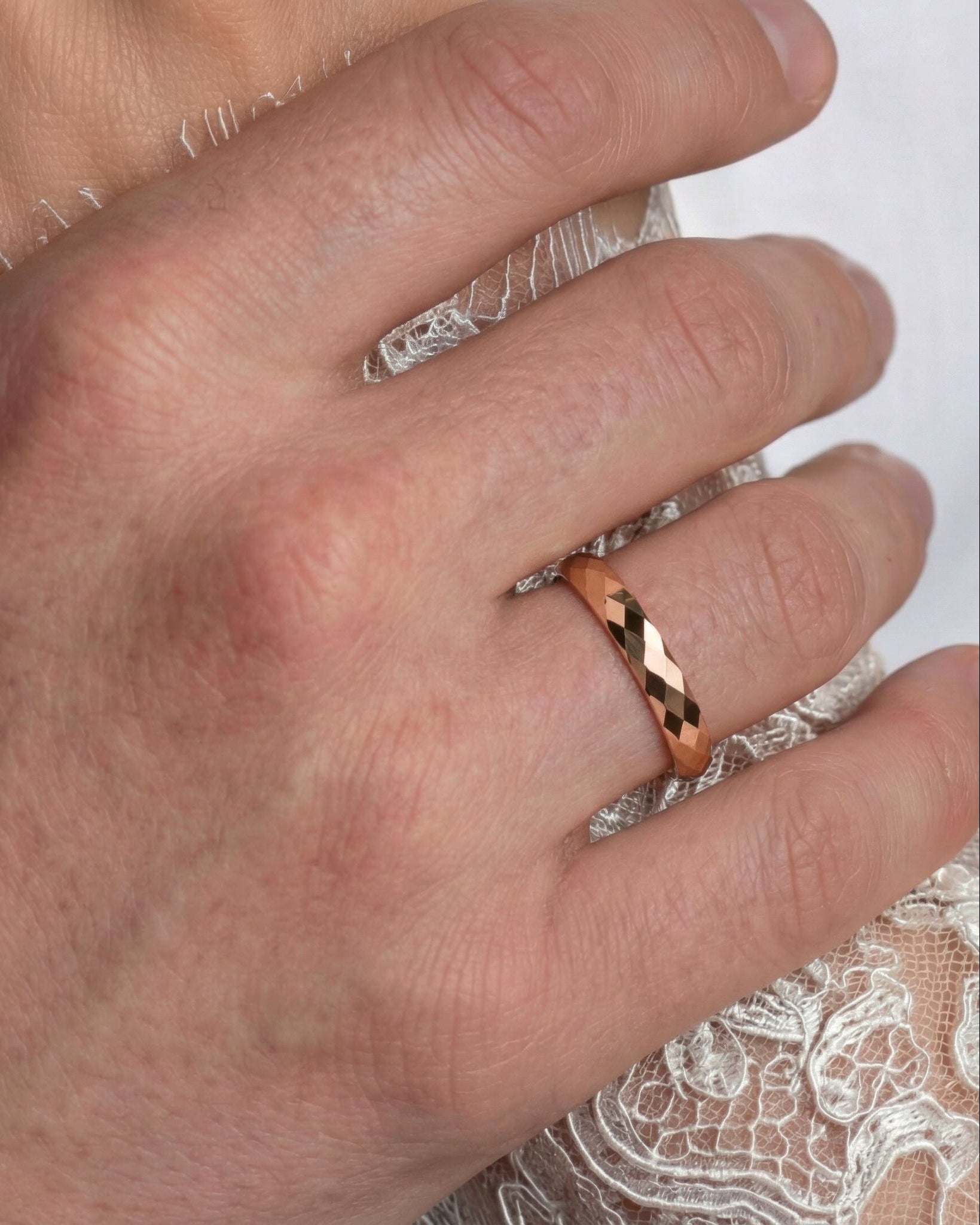 14k solid gold faceted wedding rings-  his ring 4 mm wide on hand 