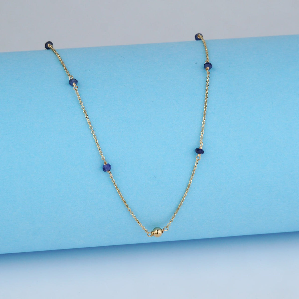delicate gold necklace
minimalist gold necklace
solid gold necklace
blue gemstone necklace-Stones: Natural Sapphires
Style: Beaded station chain