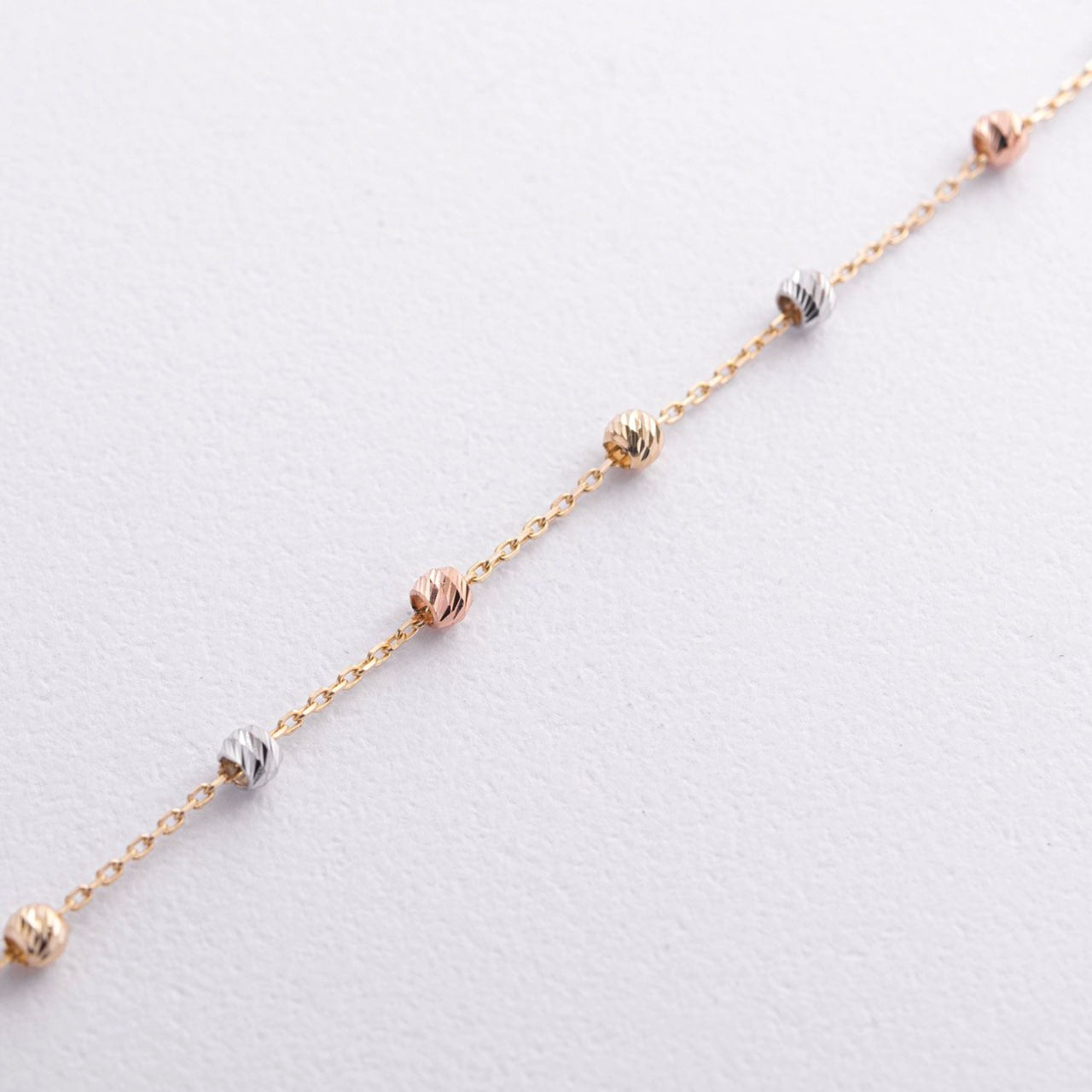 A delicate gold chain bracelet with small textured beads in yellow gold, rose gold, and silver-rose white yellow gold bracelet-dainty tri color bracelet-solid gold chain bracelet