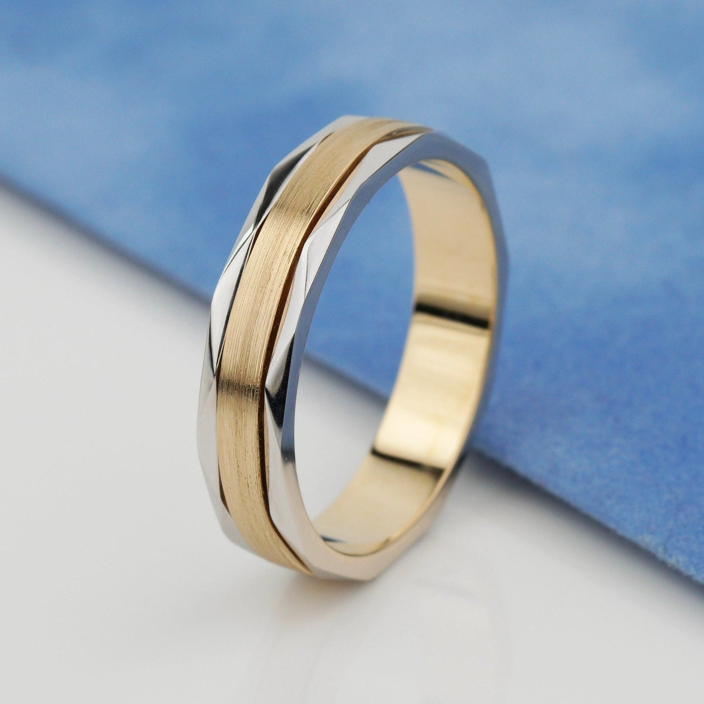 Two - tone mens wedding band with faceted details - 14k gold band - faceted wedding band - gold bands - escorialjewelry