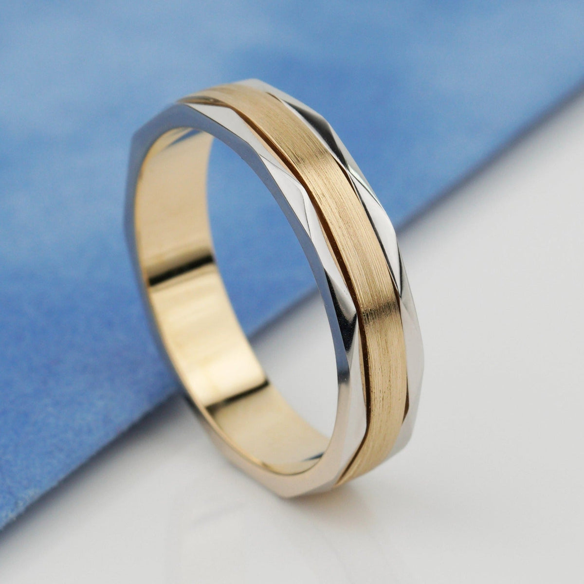 Two-tone mens wedding band with faceted details - 14k gold band faceted