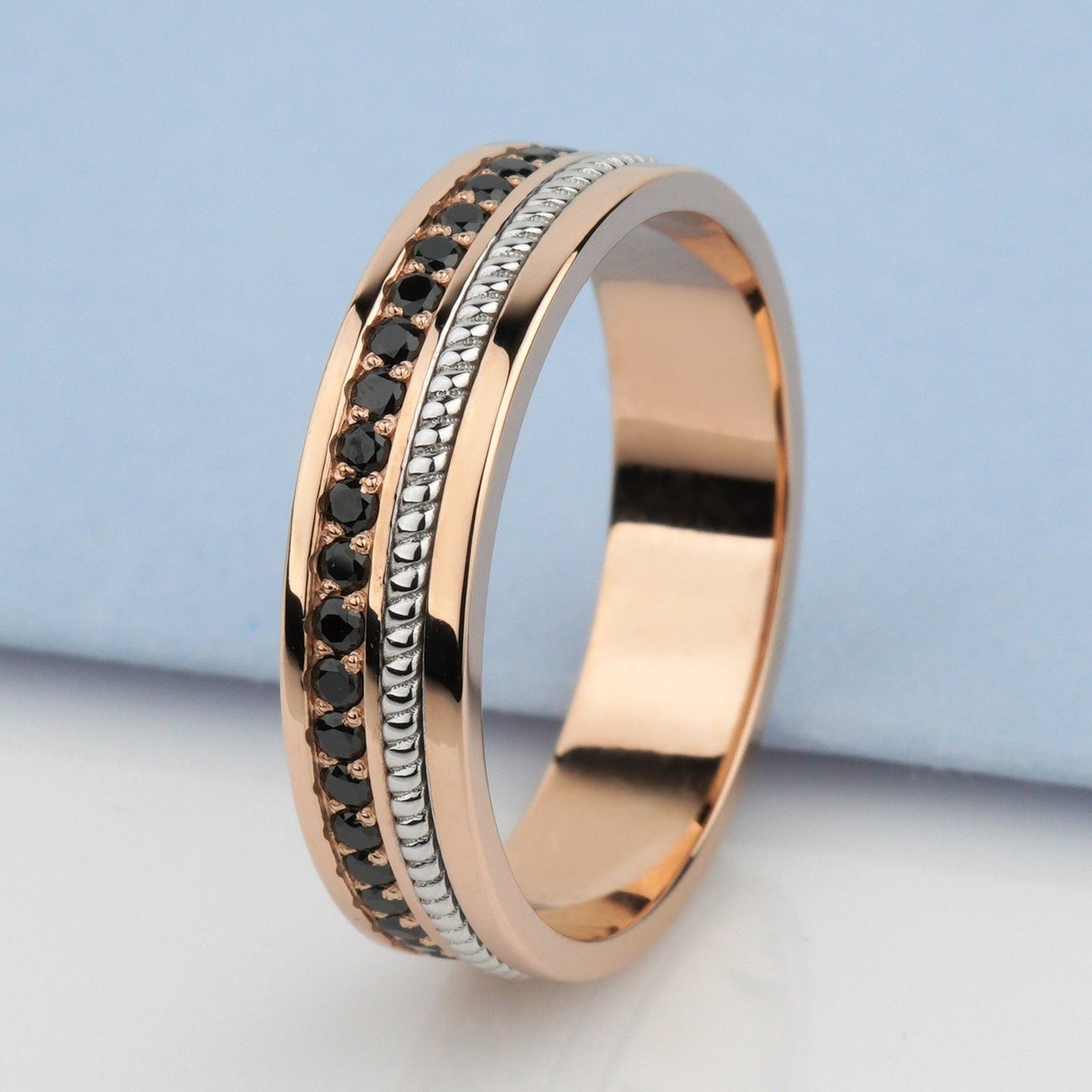 Two - tone wedding band with black diamonds - 14k gold band - black diamond jewelry - black diamond ring - escorialjewelry