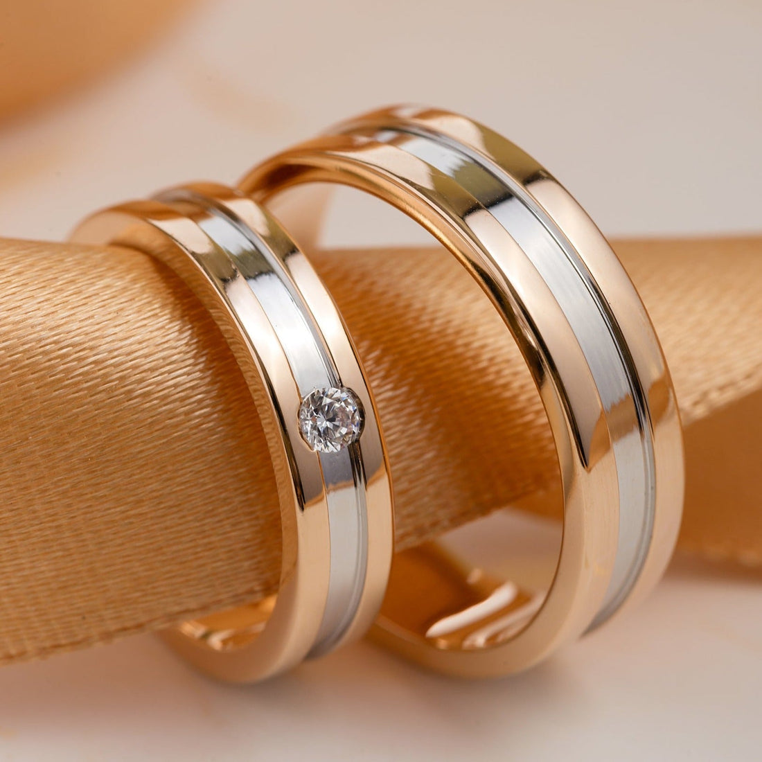 Two Tone Rings Pinterest Two-tone wedding rings set with diamond in her ring - couple rings ...