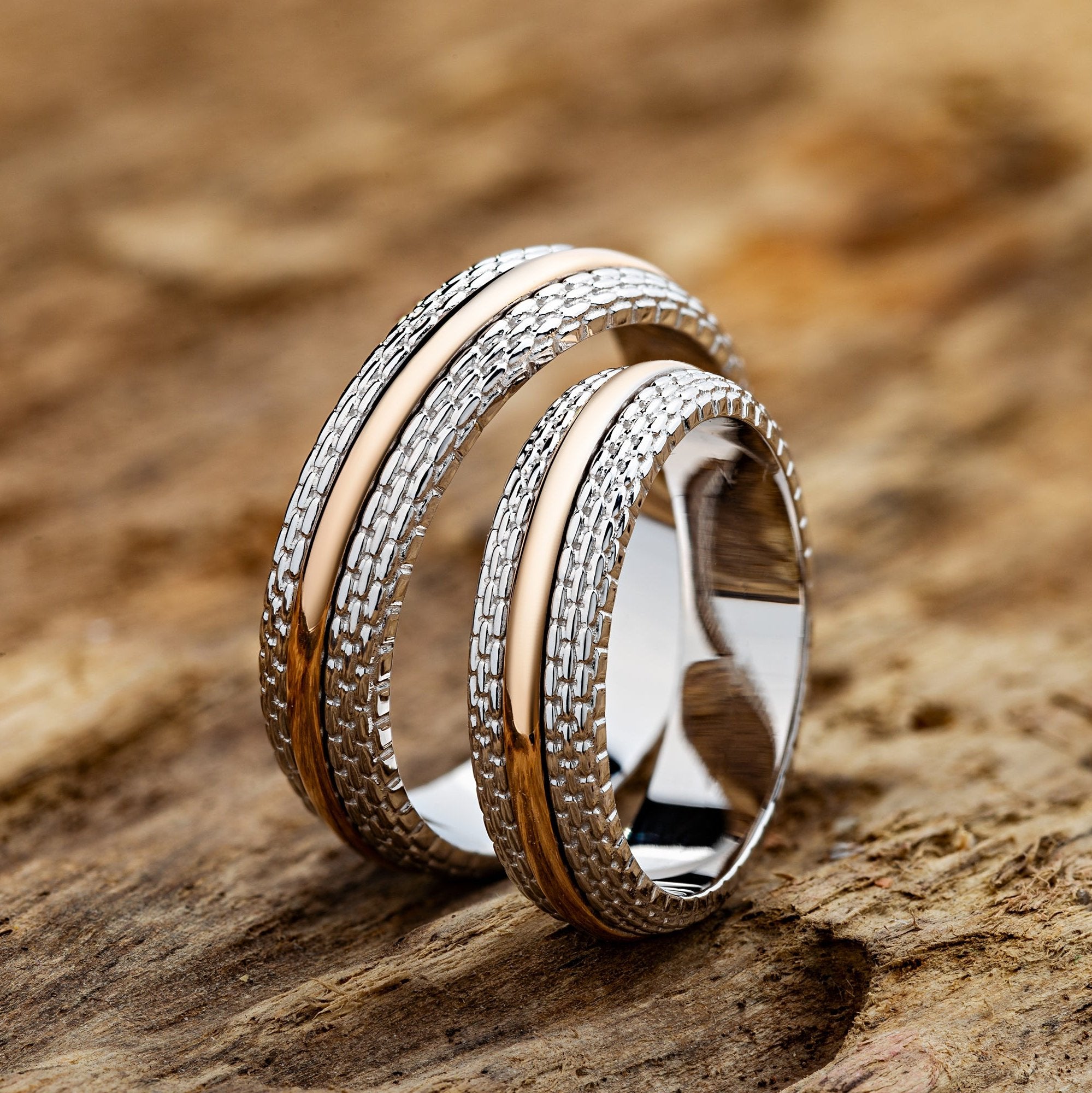 Two Tone Rings Pinterest Two-tone wedding rings set with texture - wedding rings couple wedding ...