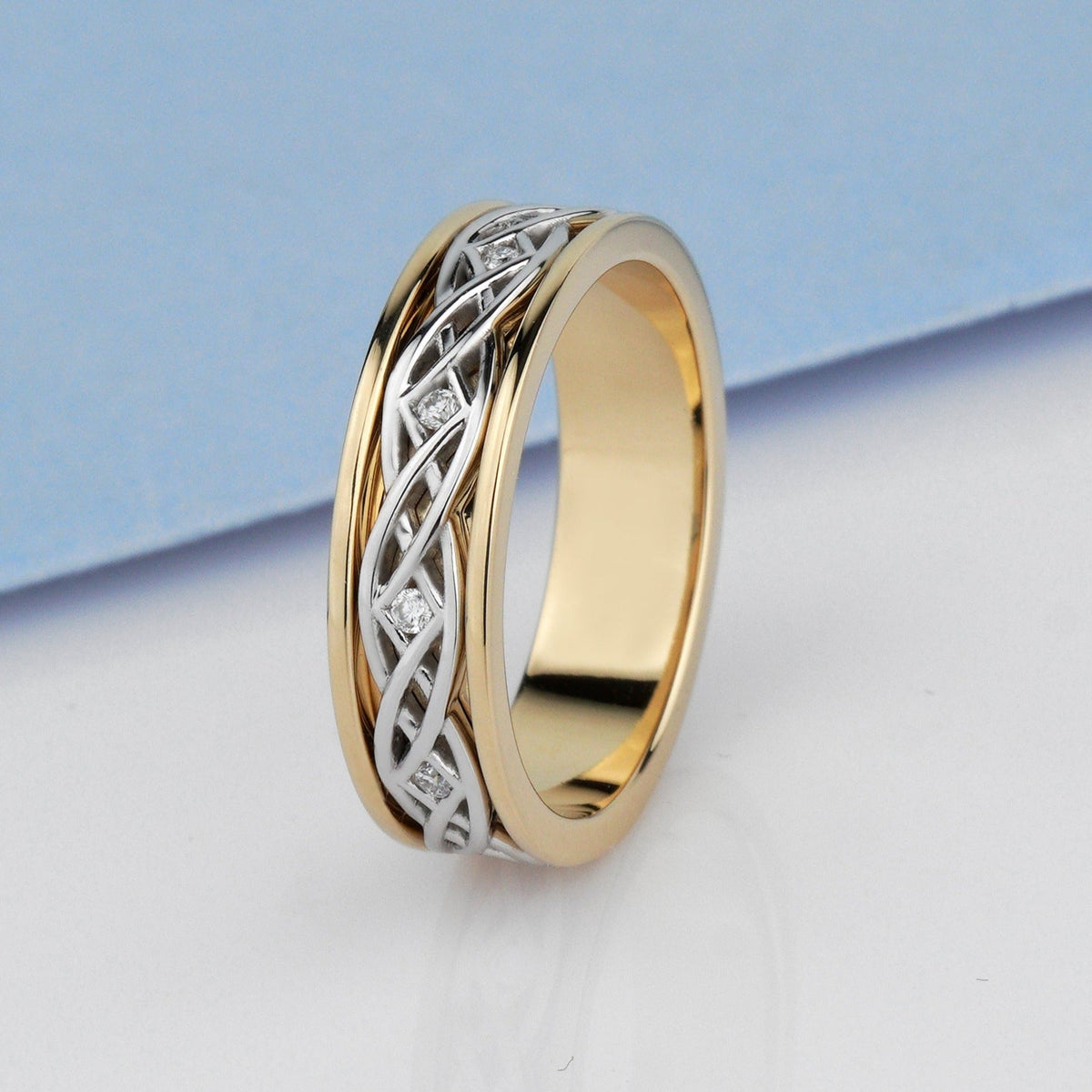 Two-tone wedding rings set with unique design. Gold wedding bands set ...