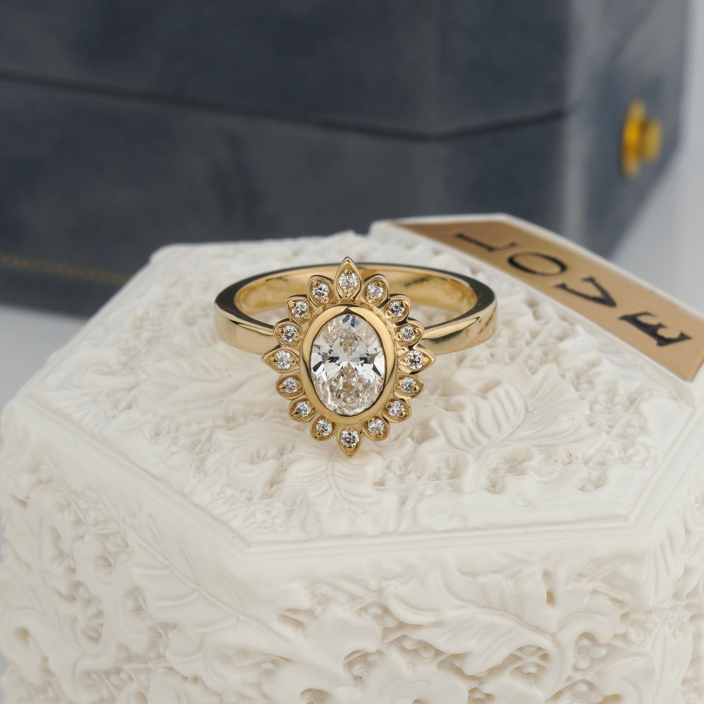 Gold ring with a diamond -Vintage-inspired halo setting