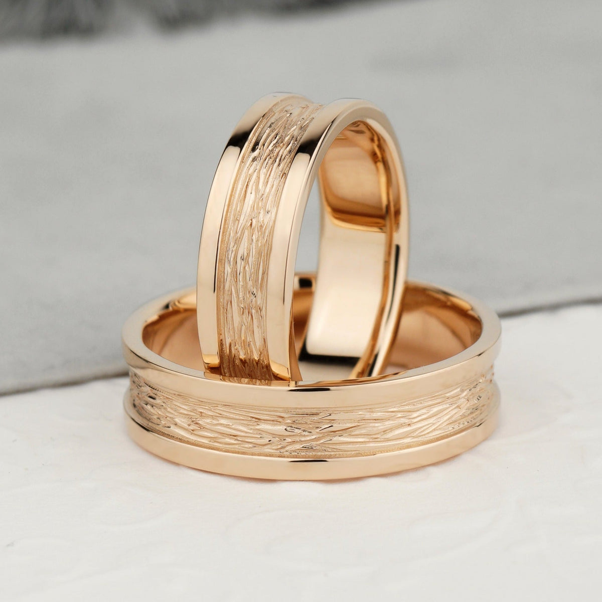 Wedding rings set with textured design - braided wedding bands couple ...