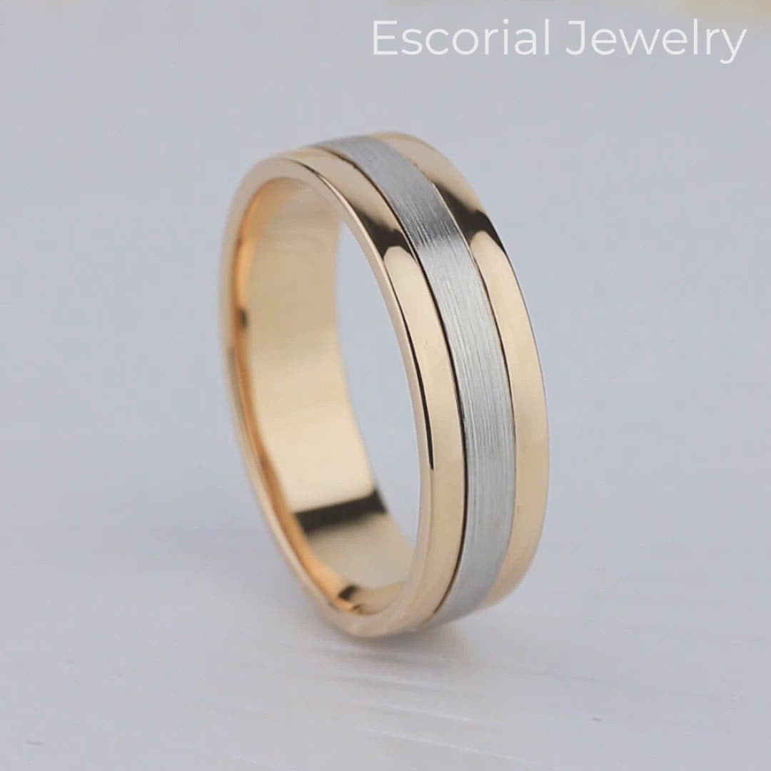 Men's wedding band, unique wedding ring, ring for him. two-tone wedding band, matte wedding band, brushed wedding ring, solid gold wedding band, men's unique wedding ring, gold wedding band, comfort fit wedding band, comfort wedding ring