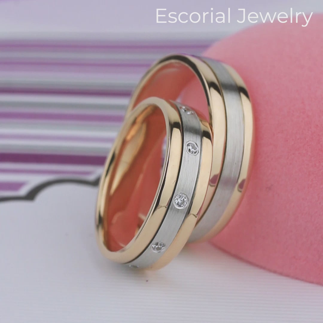 Matching tow-tone wedding bands. His and hers wedding rings set. Wedding rings with diamonds. Couple wedding bands. Solid gold wedding bands