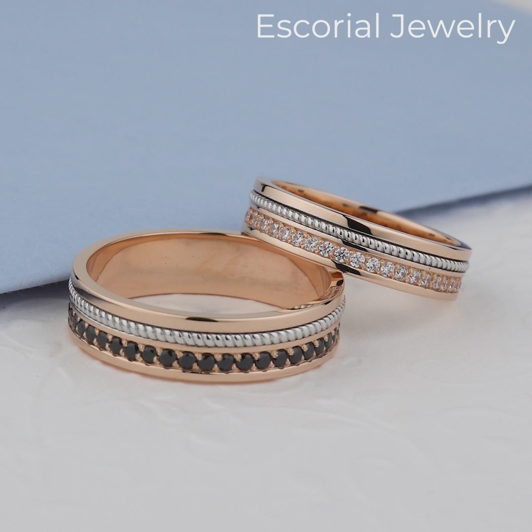 Gold wedding rings set with black and white diamonds. Unique wedding bands set. His and hers rings. Couple rings set. Unique gold bands. Unusual wedding rings. Matching wedding bands. Diamond gold bands