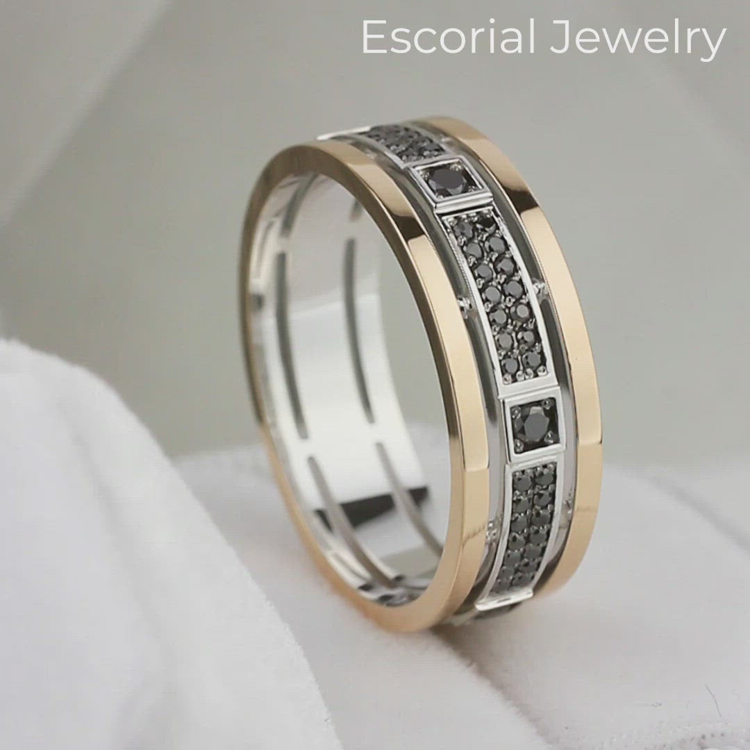 Men's wedding band, unique wedding ring, ring for him, solid gold wedding band, men's unique wedding ring, gold wedding band, comfort fit wedding band, black diamonds wedding band, black diamond ring, black diamonds jewelry, unique wedding band