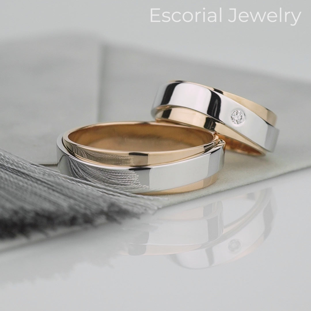 Matching couple rings set. Gold wedding bands set. Promise rings. Unique wedding bands. Two tone wedding bands. His and hers wedding bands. Unusual wedding rings. His and hers gold rings. Two tone wedding bands