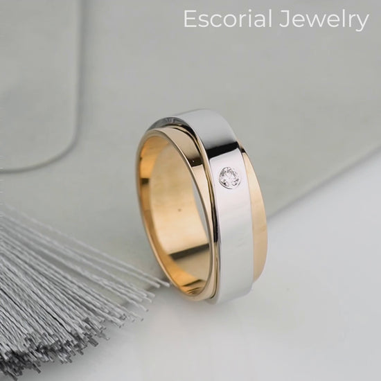 Womens two-tone wedding band with diamond. Wedding ring for women. Solid gold band. Female wedding ring. Bridal ring. Anniversary ring. Gold wedding band. Ring for her. Bridal ring