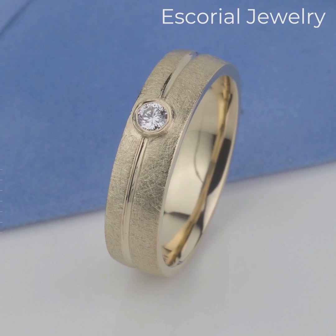 Womens wedding ring with diamond. Solid gold wedding band. Unique wedding ring. Womens diamond band. Wedding band for her. Female gold band. Matte wedding rings. Gold wedding ring with diamond