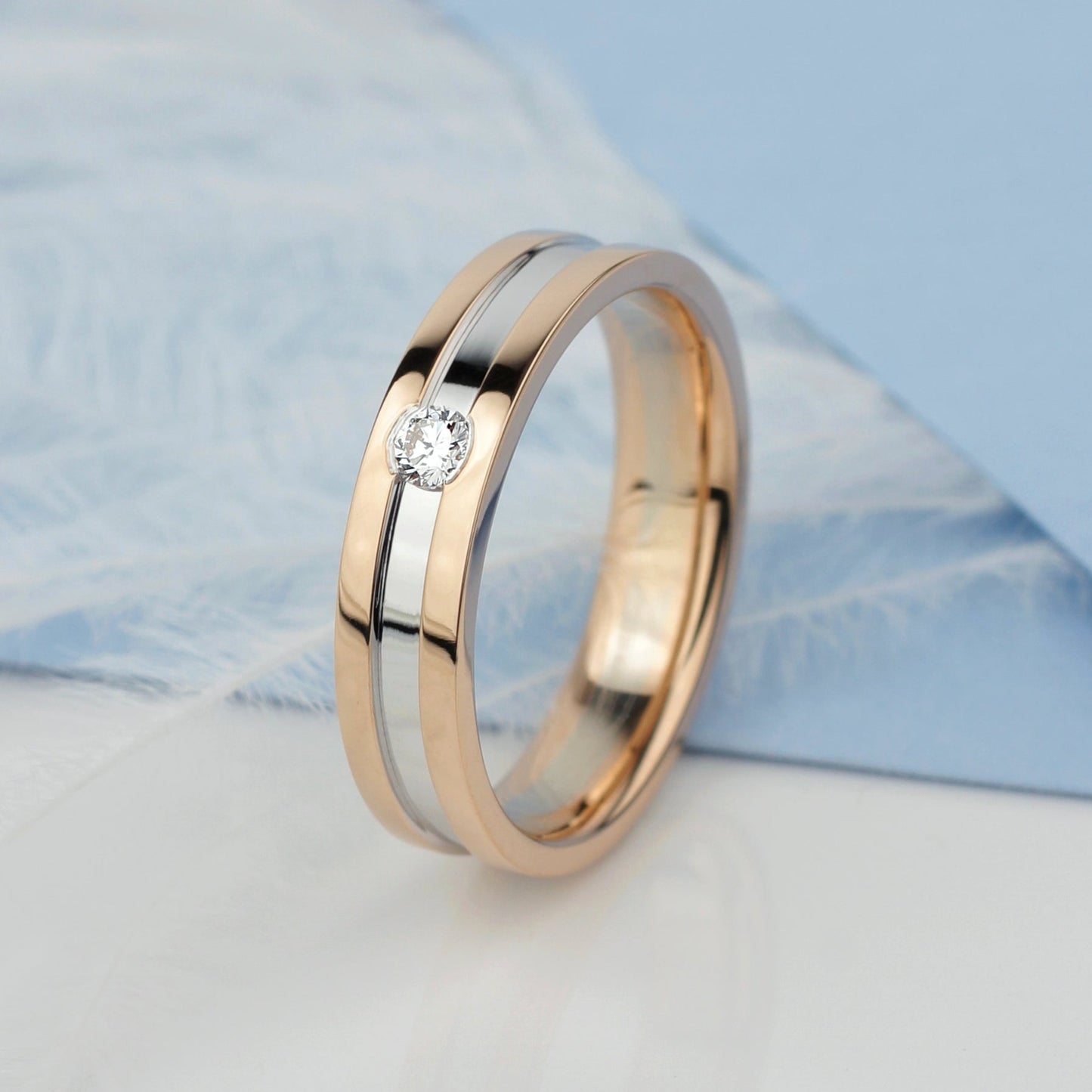 Two-tone gold wedding band with diamond. Wedding ring for women. Diamond gold band. Female wedding ring. Women's wedding ring. Diamond ring. Rose and white gold ring. Women's gold ring 