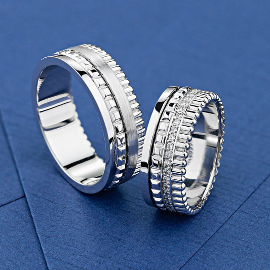 Wide wedding rings set, Fashion wedding bands with dimonds, Unique wedding rings, his and hers wedding rings set, white gold wedding bands with diamonds