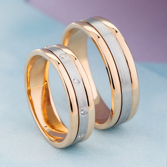 Matching tow-tone wedding bands. His and hers wedding rings set. Wedding rings with diamonds. Couple wedding bands. Solid gold wedding bands