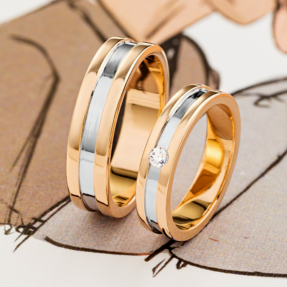Matching wedding bands made of two colors of gold. Wedding rings set. Couple wedding bands. His and hers wedding rings set. Unique wedding bands. Two-tone wedding rings