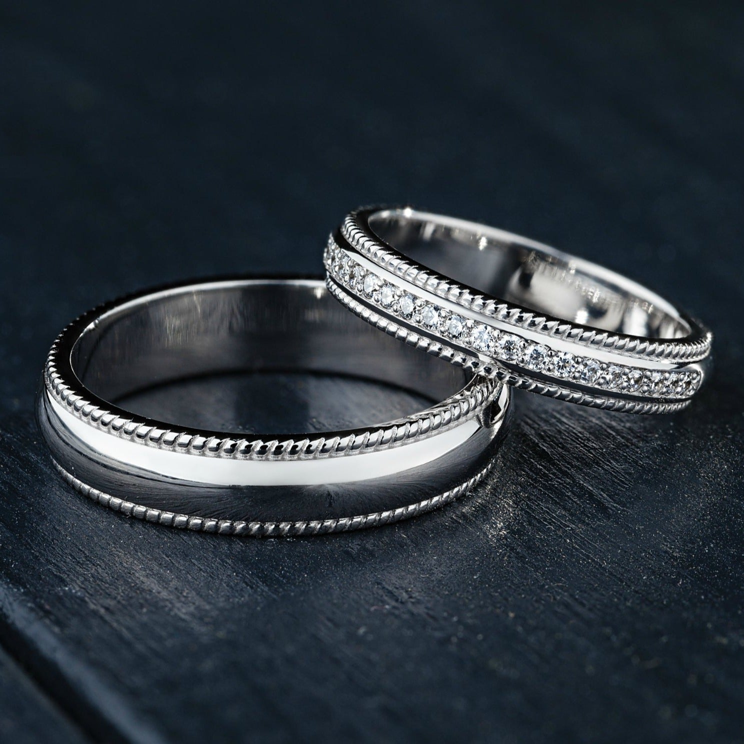 Gold wedding rings set with milgrain details. Unique wedding bands. Gold wedding rings with diamonds. Couple wedding rings