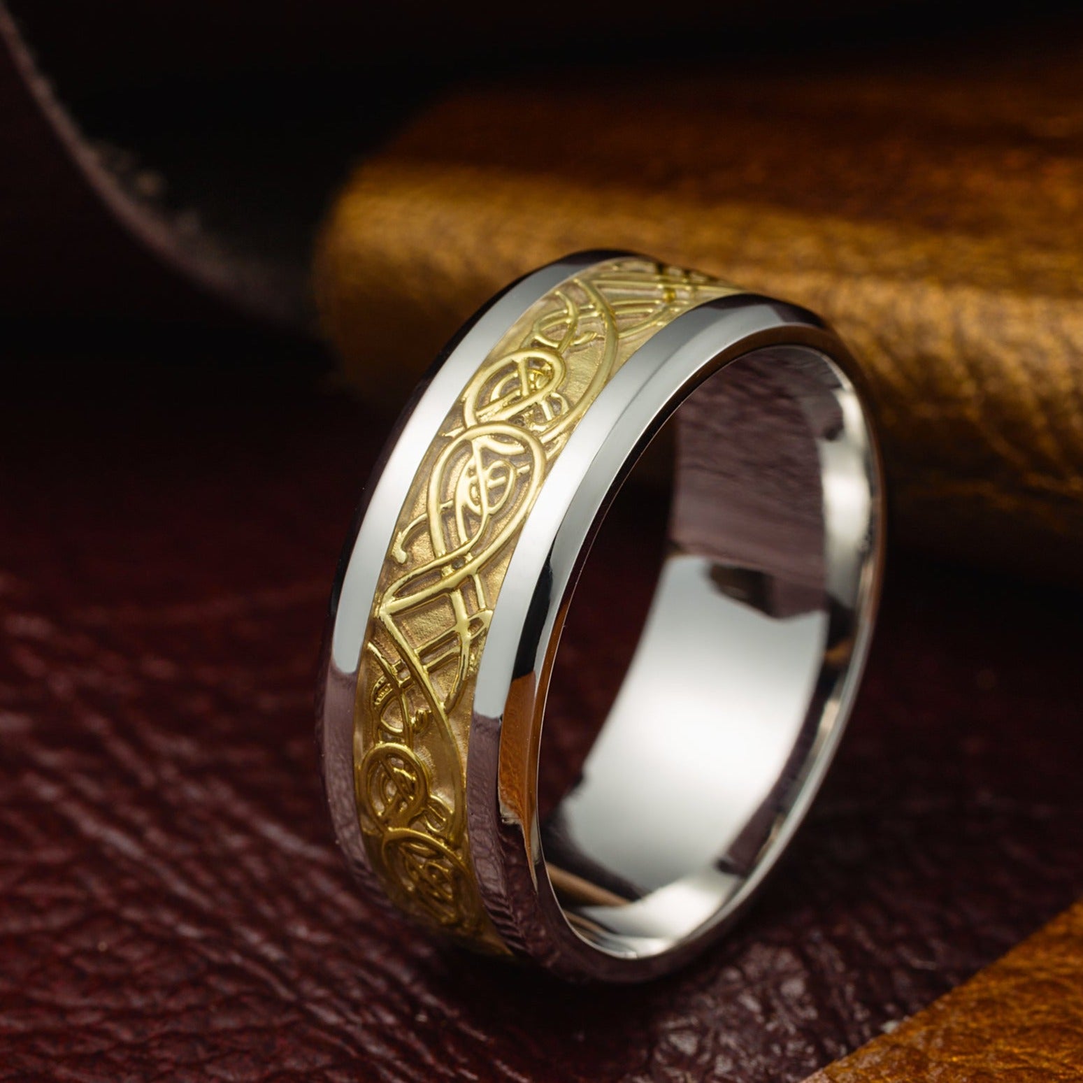 Wide wedding band. Unique wedding ring. Solid gold ring. Mens wedding band. Two tone band. Wedding ring men. Ring for men.