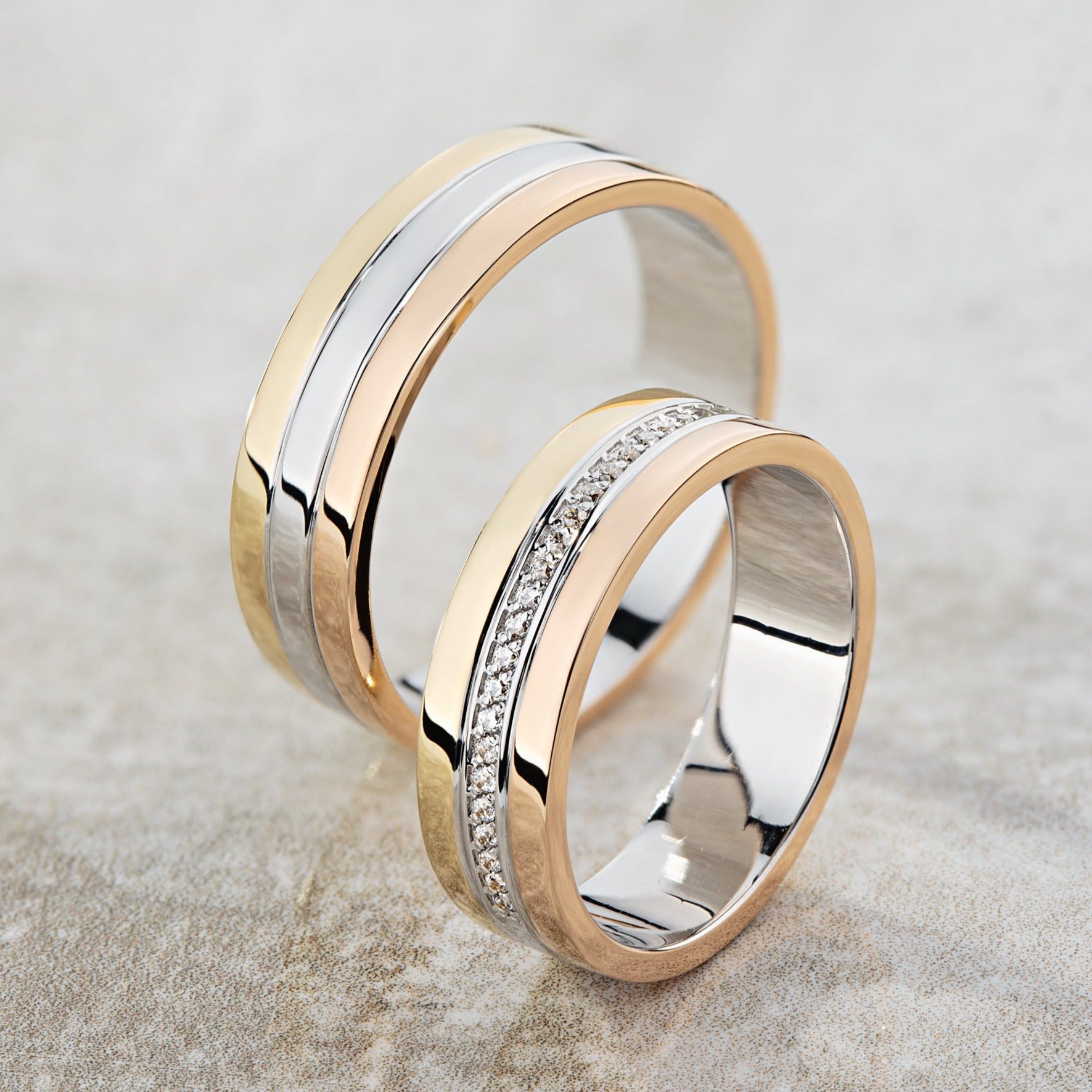 Tricolor Wedding Bands. His and hers wedding bands set made of three colors of gold. Couple rings set. Tri-tone wedding rings. Unique bands. Gold wedding rings set. Solid gold wedding bands