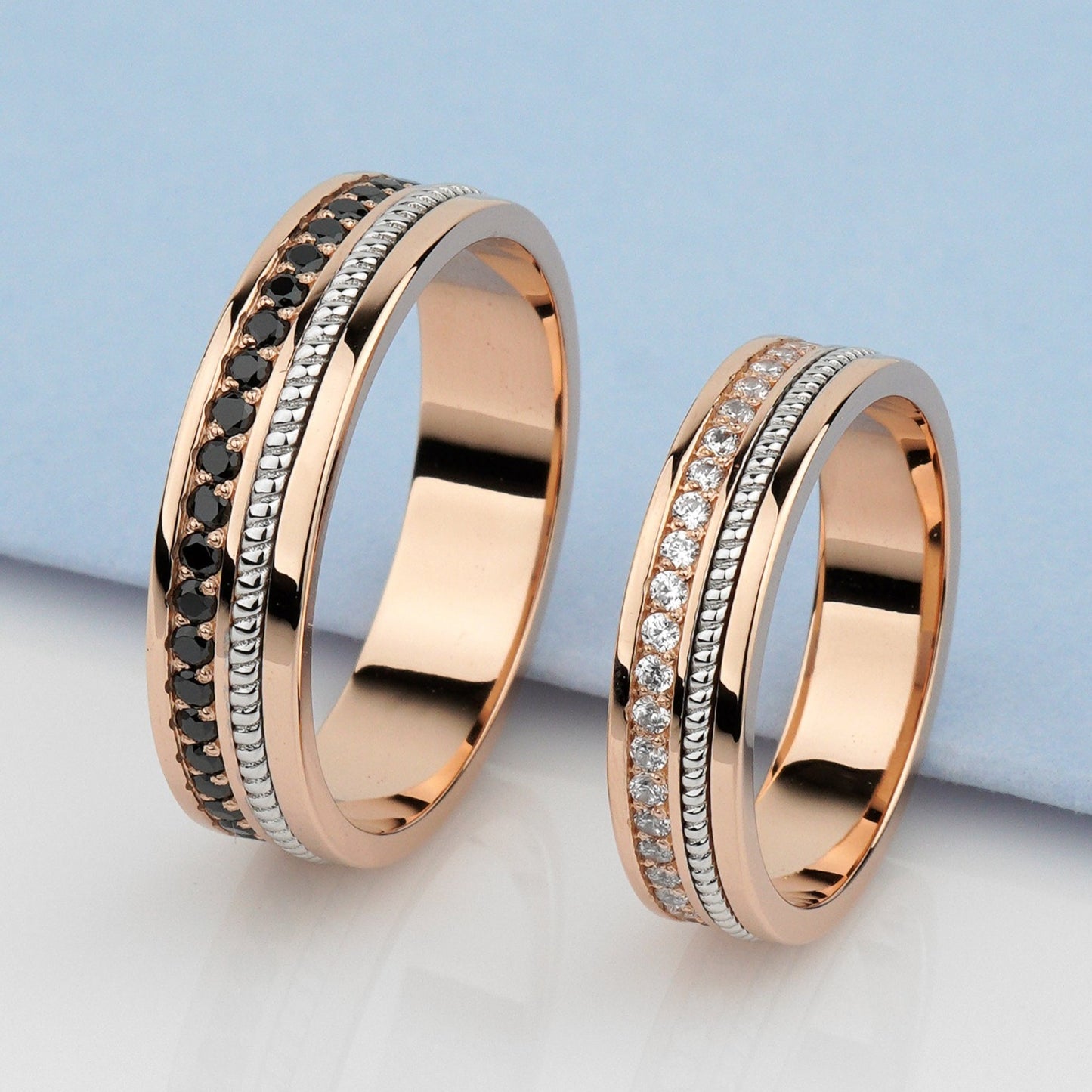 Gold wedding rings set with black and white diamonds. Unique wedding bands set. His and hers rings. Couple rings set. Unique gold bands. Unusual wedding rings. Matching wedding bands. Diamond gold bands