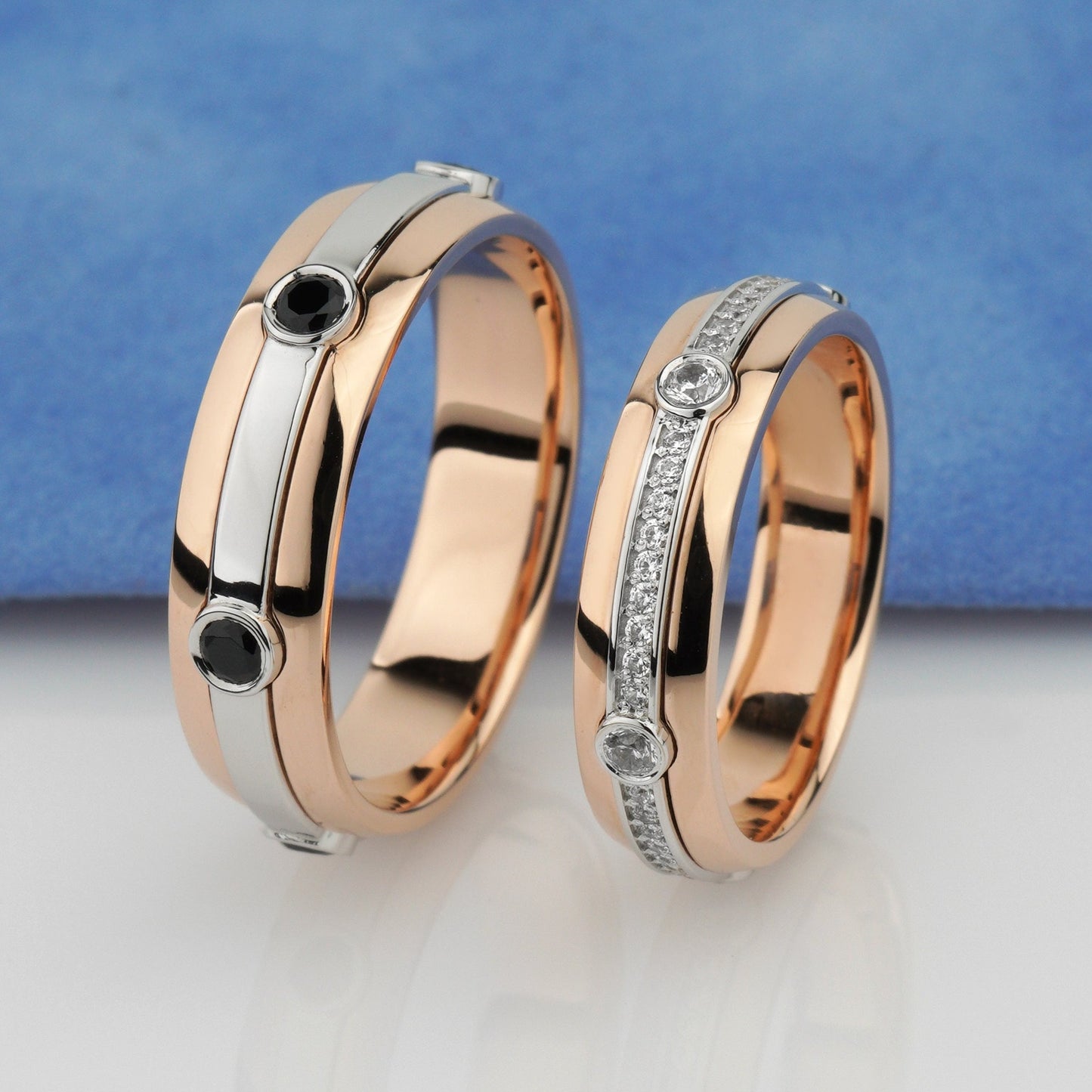 Two-tone matching wedding bands with black and white diamonds. Unique wedding bands set. His and hers wedding bands. Couple rings set. Matching wedding bands. Diamond gold rings. Diamond wedding bands 