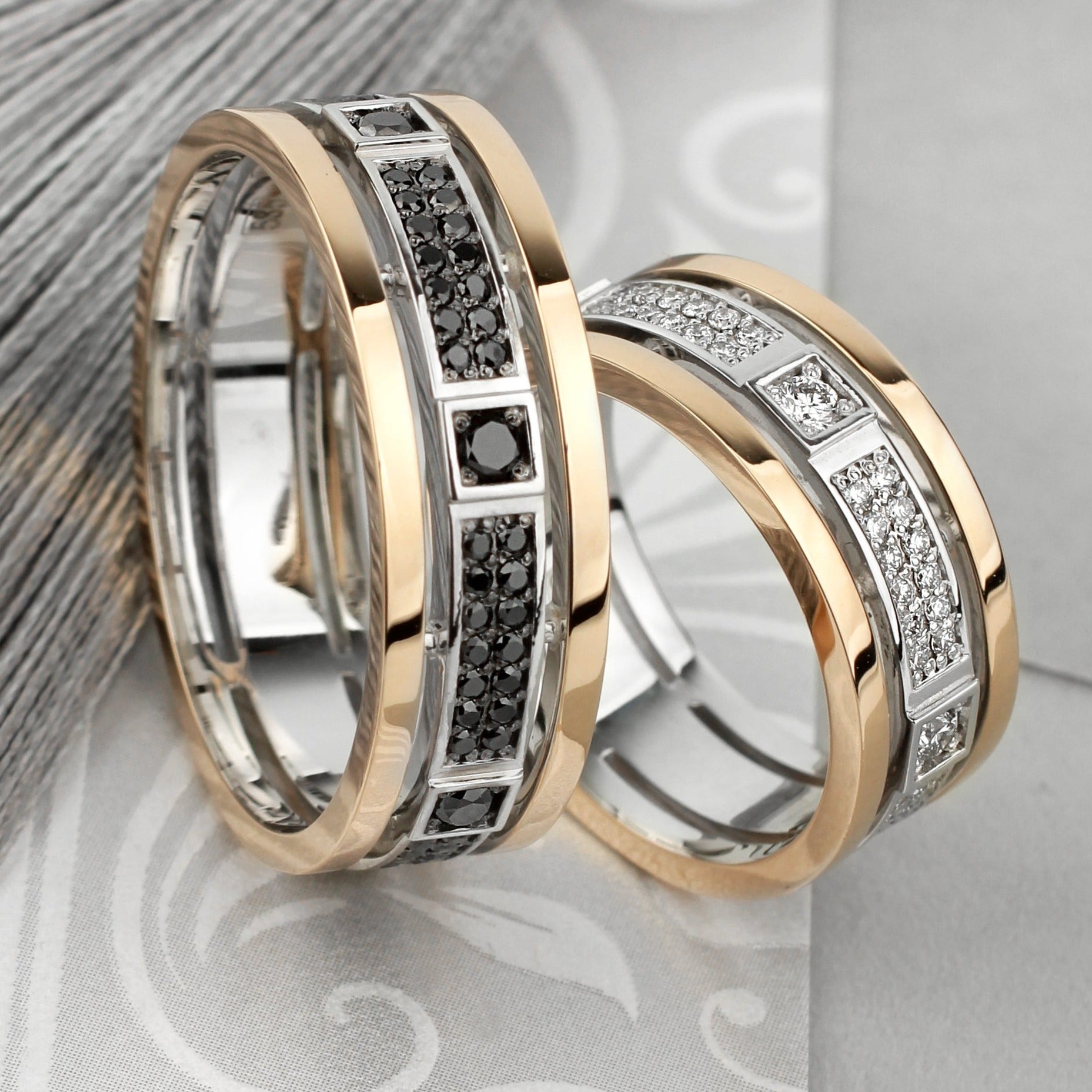 Gold wedding bands with black and white diamonds. Unique wedding bands set. His and hers wedding rings. Wide wedding rings. Diamond bands.