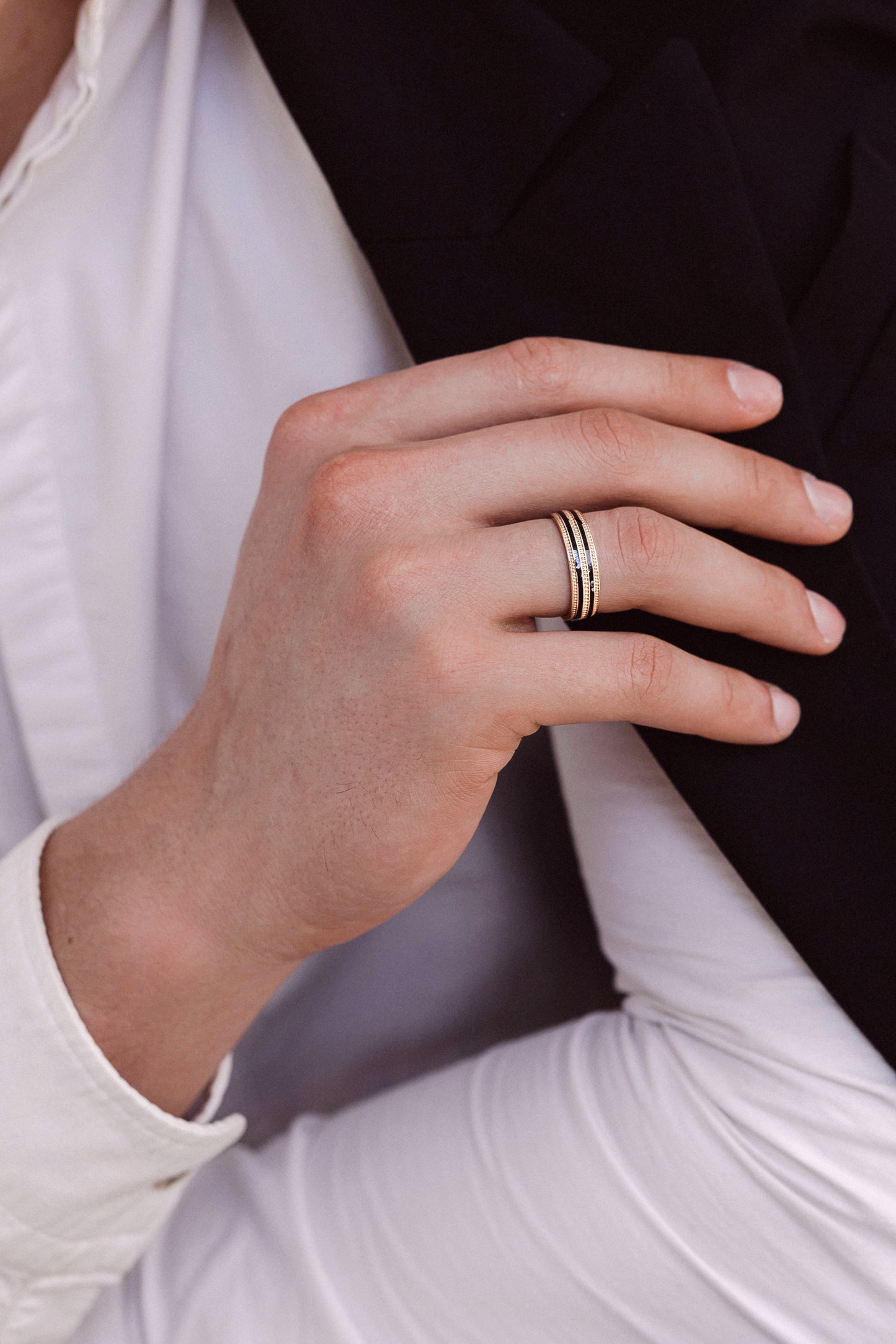 Unique gold wedding bands with white and black enamel. Couple wedding rings. Matching wedding bands. His and hers wedding rings set. Unique gold rings set.