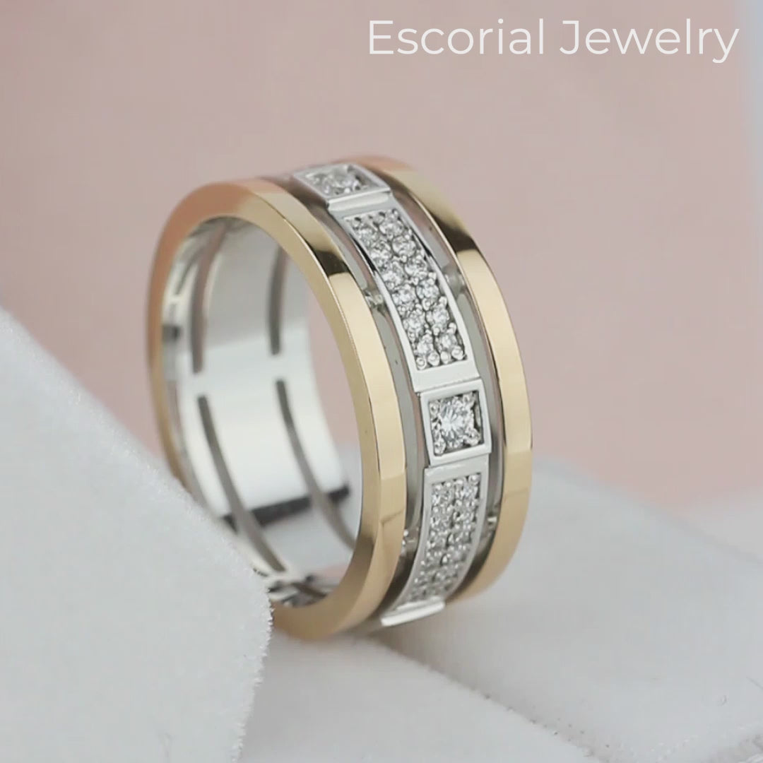Women's wedding band with diamonds. Unique wedding band. Two tone wedding ring. Diamond ring for women. Female wedding band. Solid gold wide wedding band. Gold rings for women. Women's wedding ring. Bridal ring. Moissanite gold band. Moissanite wedding ring