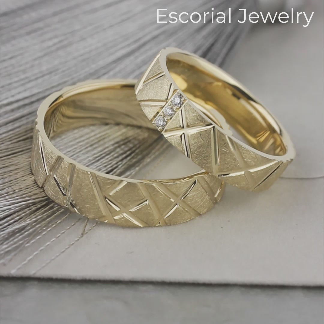 unique wedding rings set, golf wedding bands, his and hers wedding bands, couple wedding rings, matching gold bands, unusual wedding bands, gold wedding rings with diamonds