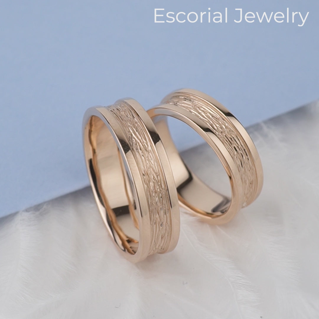 Matching wedding bands. Wedding bands set his and hers. Textured wedding bands. Wedding rings 14k. Unique wedding rings. Rings for couples. Gold wedding band set his and hers. Handmade wedding bands