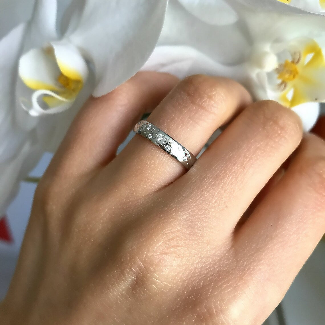 Womens wedding band. Diamond wedding ring. Wedding band for women white gold. Ring for her. Celestial diamond ring. Unique wedding ring.