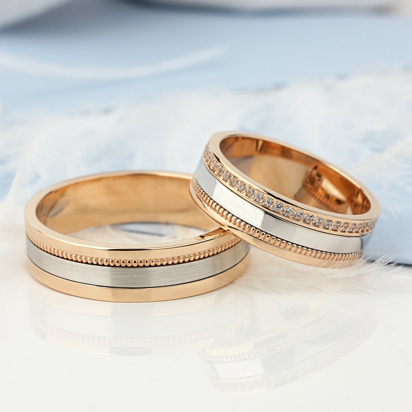 Gold wedding bands set made of two colors of gold. Unique wedding bands. His and hers matching wedding rings. Couples wedding bands. Diamond wedding rings set