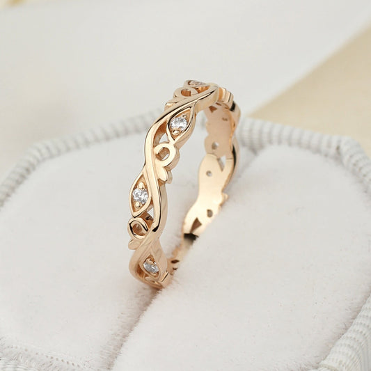 Dainty rose gold floral band, women's wedding ring, gold wedding ring with diamonds, dainty gold diamond band, thin diamond ring, rustic wedding band, boho wedding ring, unique wedding band, female wedding ring, ring for her, gold diamond ring